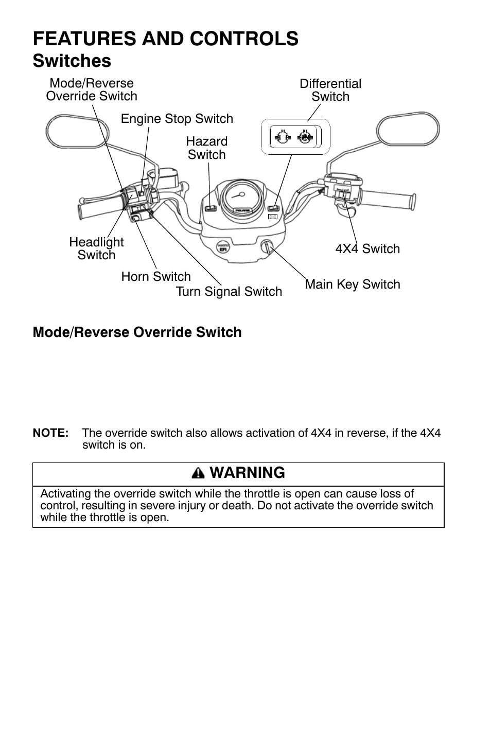 Features and controls, Switches, Warning | Polaris Sportsman 9921454 User Manual | Page 20 / 129