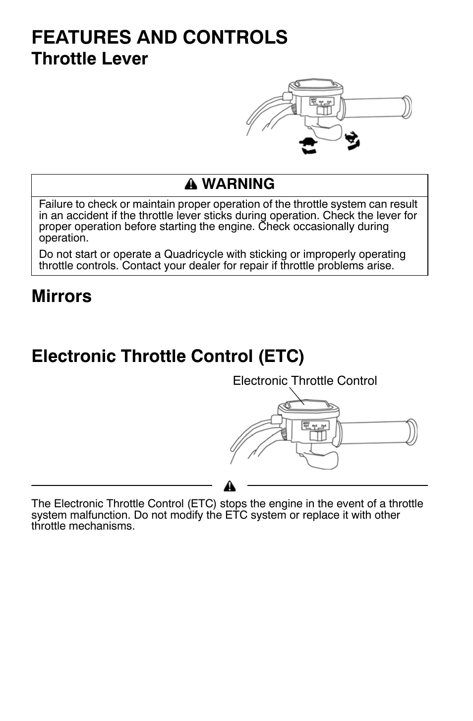 Features and controls, Throttle lever, Mirrors | Electronic throttle control (etc) | Polaris Sportsman 9921454 User Manual | Page 24 / 129
