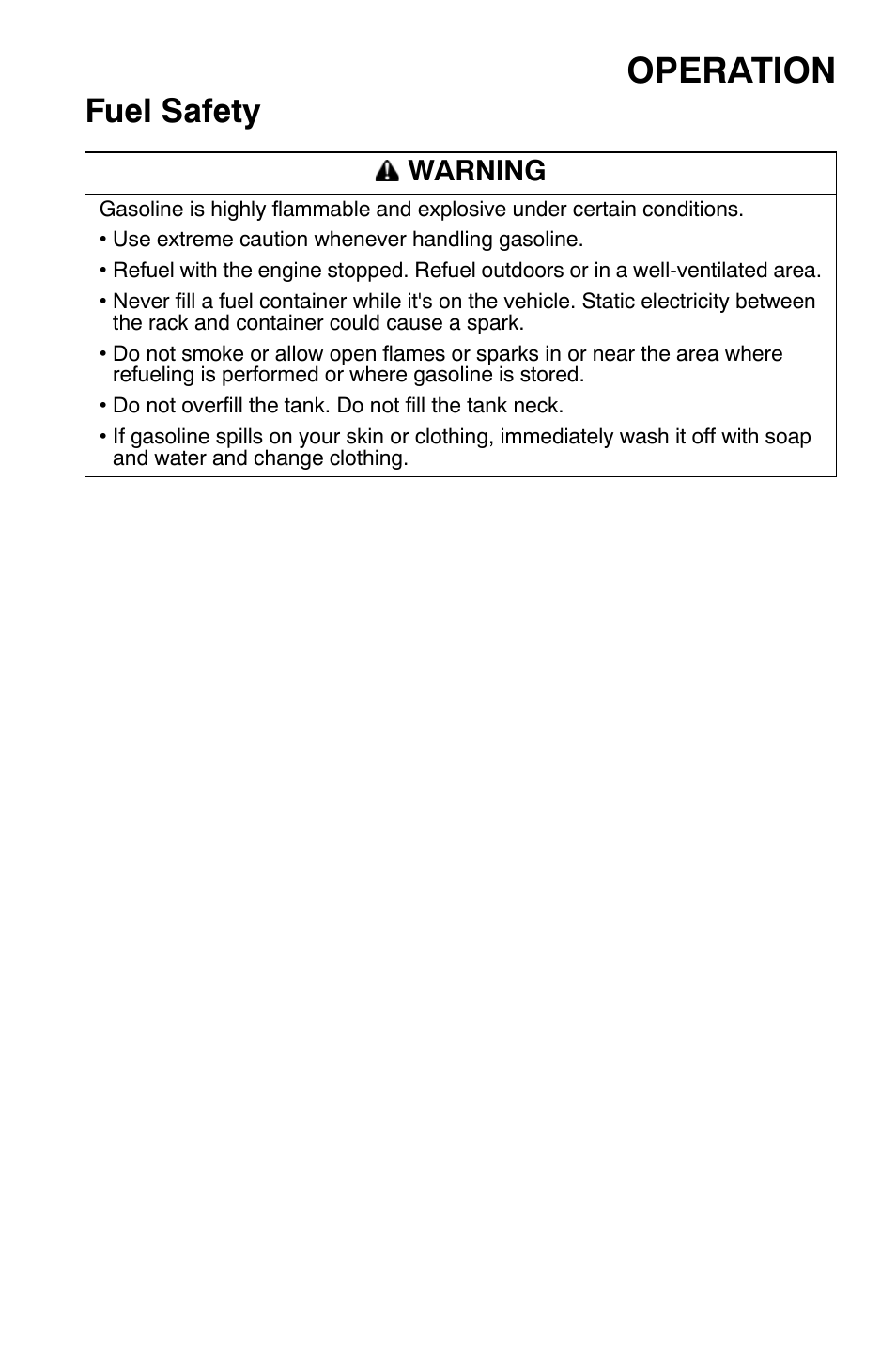 Operation, Fuel safety, Warning | Polaris Sportsman 9921454 User Manual | Page 41 / 129