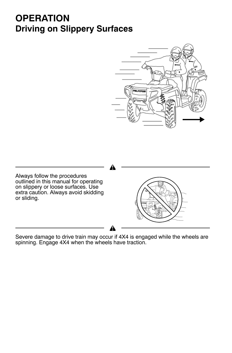 Operation, Driving on slippery surfaces | Polaris Sportsman 9921454 User Manual | Page 58 / 129