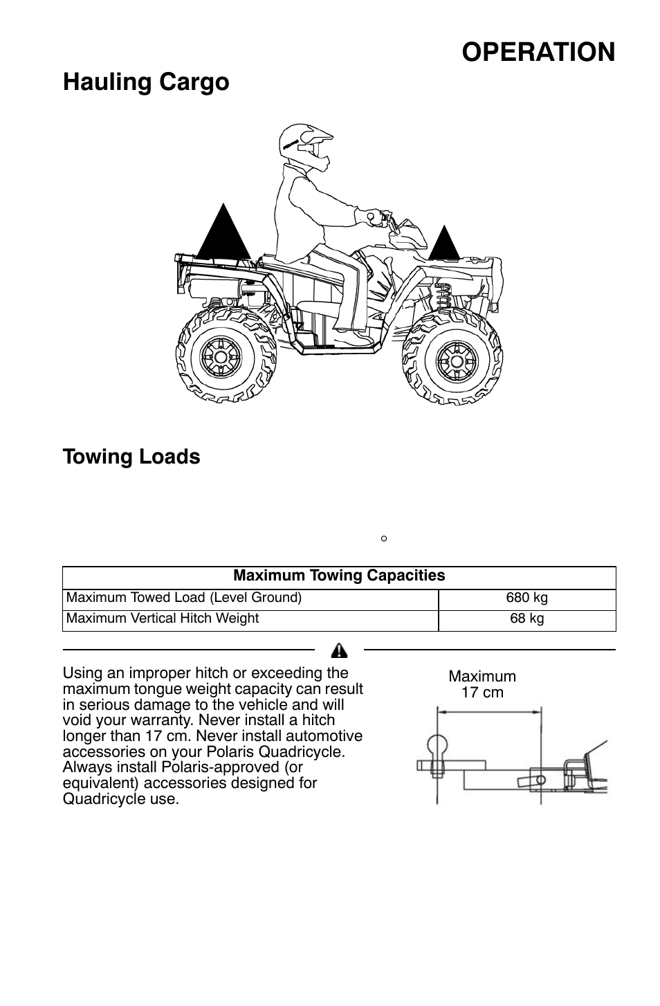 Operation, Hauling cargo, Towing loads | Polaris Sportsman 9921454 User Manual | Page 63 / 129