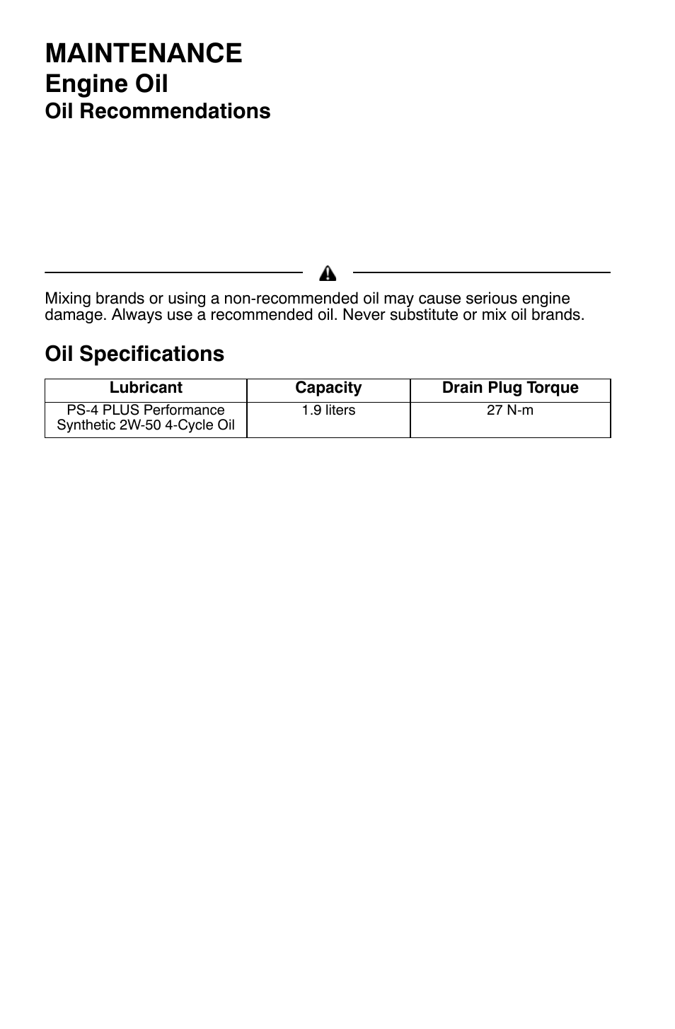 Maintenance, Engine oil, Oil recommendations | Oil specifications | Polaris Sportsman 9921454 User Manual | Page 70 / 129