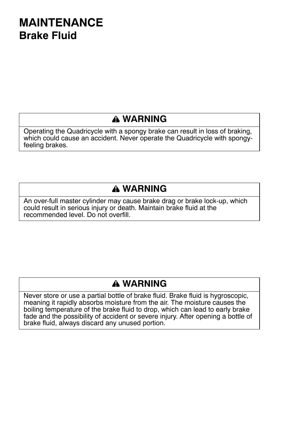 Maintenance, Brake fluid, Warning | Polaris Sportsman 9921454 User Manual | Page 82 / 129