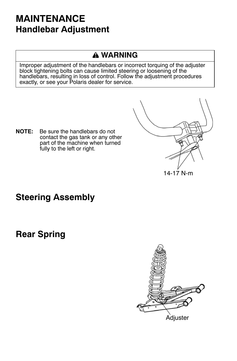 Maintenance, Handlebar adjustment, Steering assembly | Rear spring | Polaris Sportsman 9921454 User Manual | Page 86 / 129