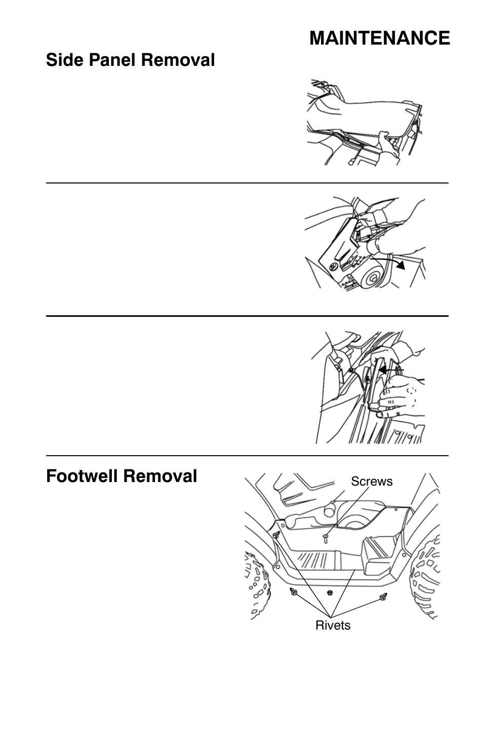 Maintenance, Side panel removal, Footwell removal | Polaris Sportsman 9921454 User Manual | Page 87 / 129