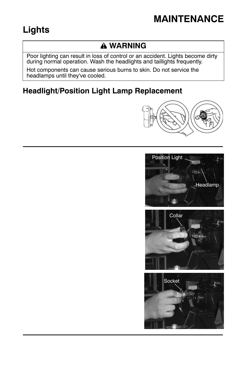 Maintenance, Lights, Headlight/position light lamp replacement | Warning | Polaris Sportsman 9921454 User Manual | Page 95 / 129