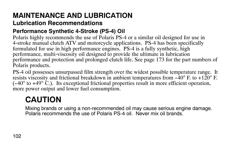 Caution, Maintenance and lubrication | Polaris 9920183 User Manual | Page 105 / 189
