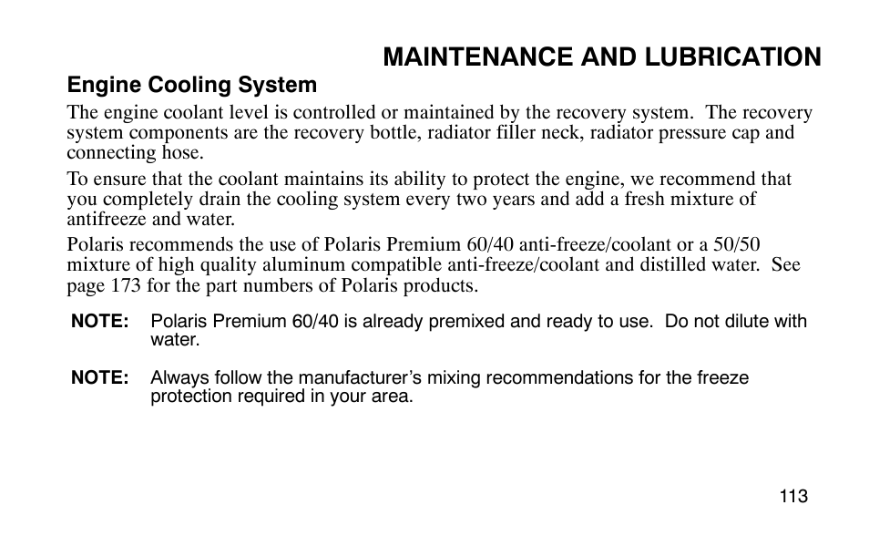 Maintenance and lubrication | Polaris 9920183 User Manual | Page 116 / 189