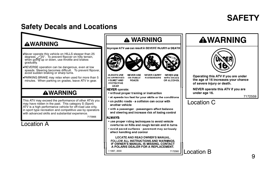 Safety, Safety decals and locations, Location b | Warning, Location a location c warning | Polaris 9920183 User Manual | Page 12 / 189