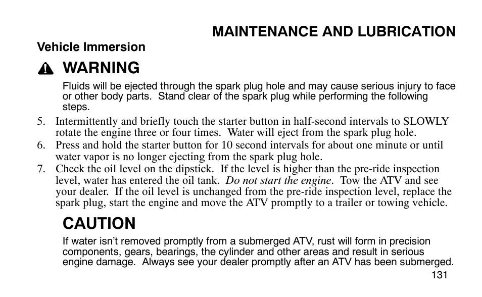 Warning, Caution, Maintenance and lubrication | Polaris 9920183 User Manual | Page 134 / 189