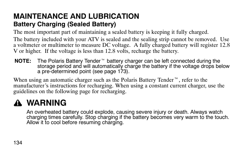 Warning, Maintenance and lubrication | Polaris 9920183 User Manual | Page 137 / 189