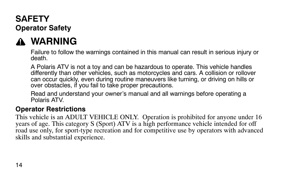 Warning, Safety | Polaris 9920183 User Manual | Page 17 / 189