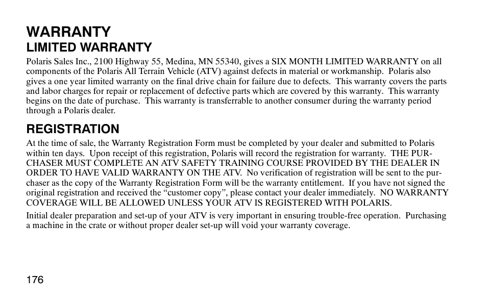 Warranty, Limited warranty, Registration | Polaris 9920183 User Manual | Page 179 / 189