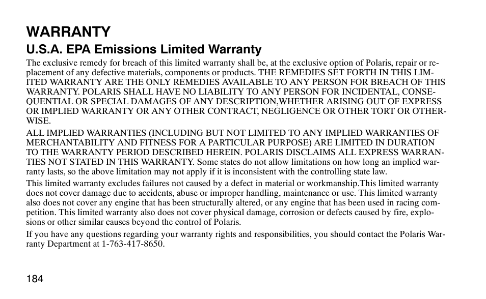 Warranty, U.s.a. epa emissions limited warranty | Polaris 9920183 User Manual | Page 187 / 189