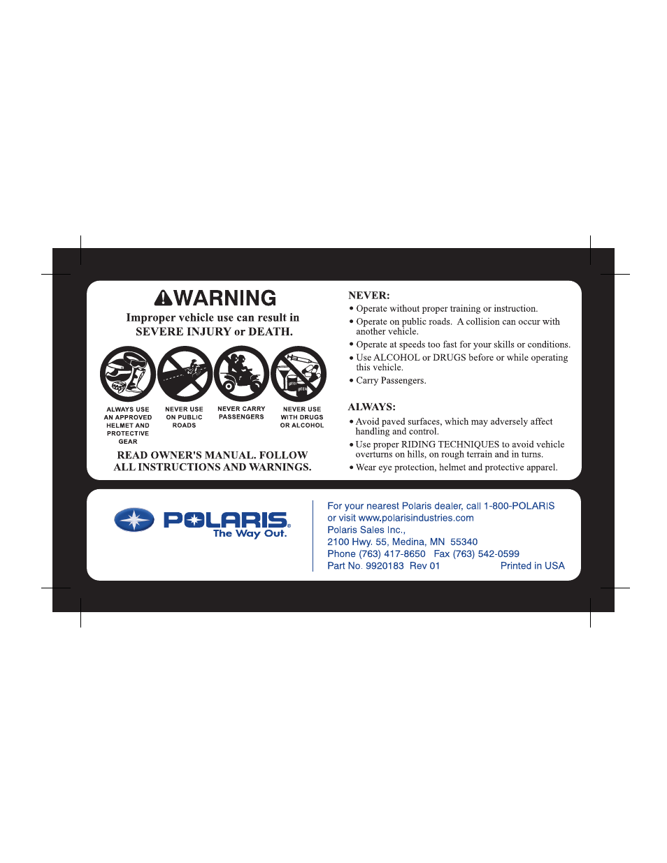 Polaris 9920183 User Manual | Page 2 / 189