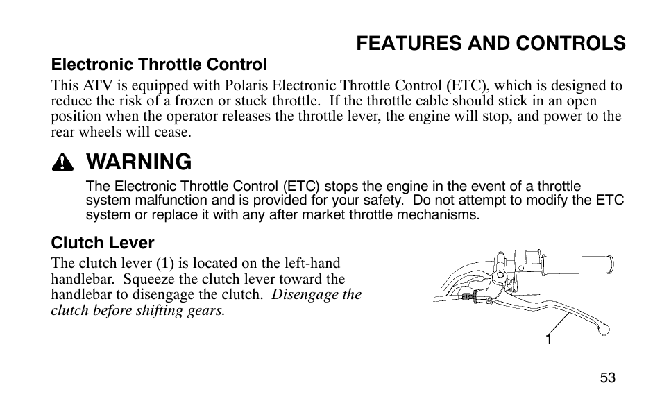 Warning, Features and controls | Polaris 9920183 User Manual | Page 56 / 189