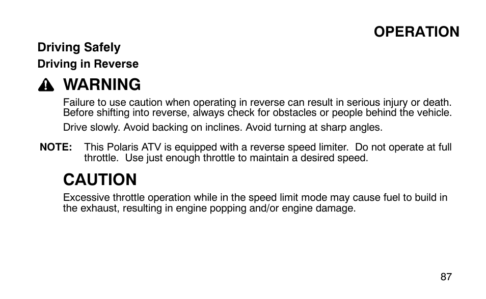 Warning, Caution, Operation | Polaris 9920183 User Manual | Page 90 / 189