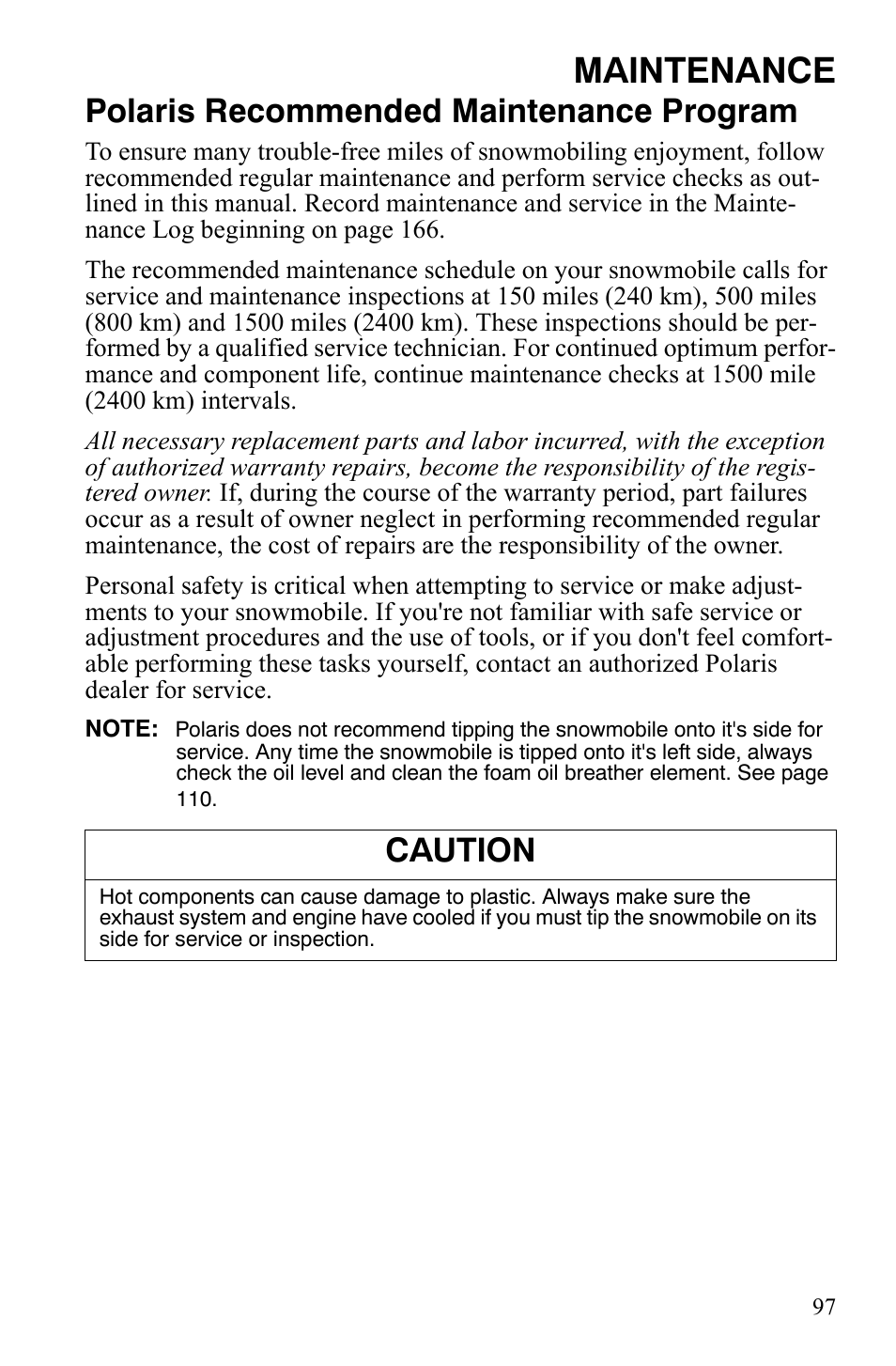 Maintenance, Polaris recommended maintenance program, Caution | Polaris IQ Turbo LX User Manual | Page 100 / 174