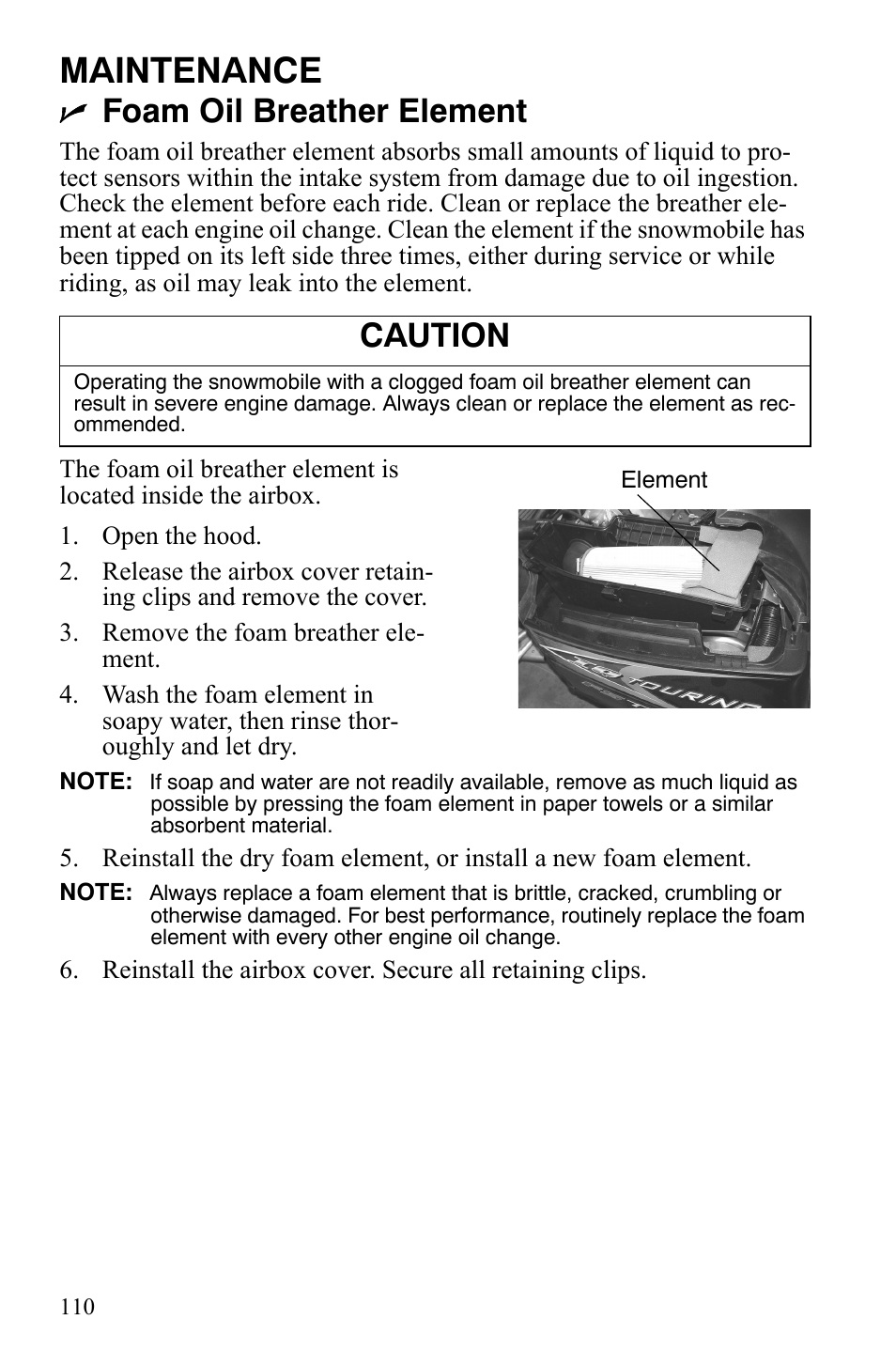 Maintenance, Foam oil breather element, Caution | Polaris IQ Turbo LX User Manual | Page 113 / 174