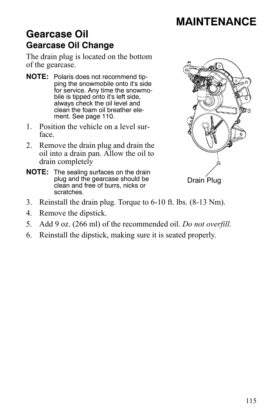 Maintenance, Gearcase oil, Gearcase oil change | Polaris IQ Turbo LX User Manual | Page 118 / 174