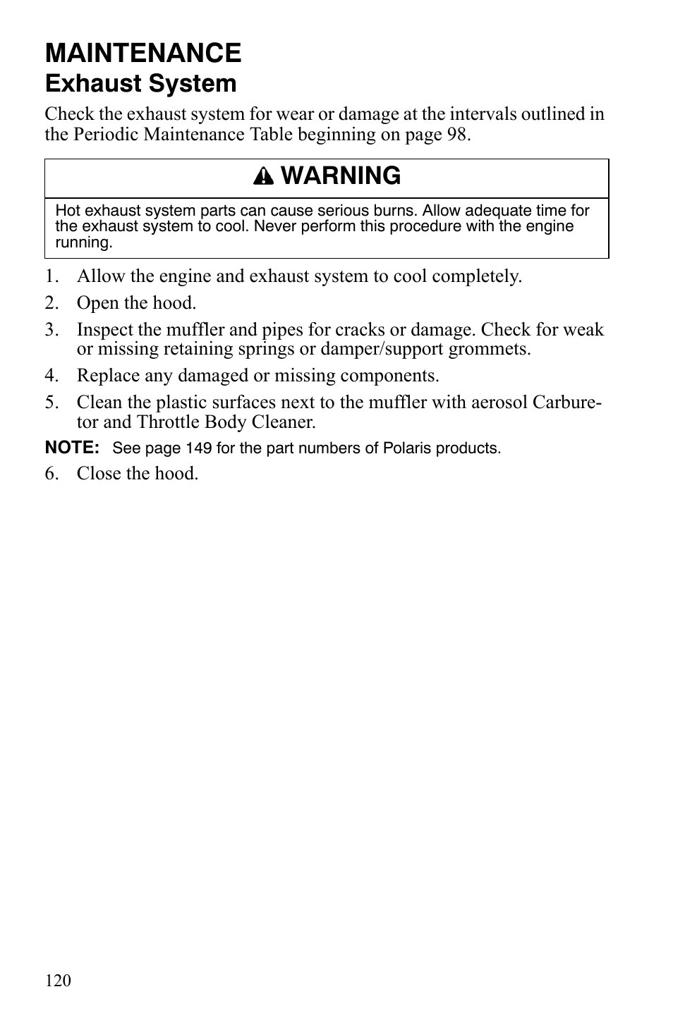 Maintenance, Exhaust system, Warning | Polaris IQ Turbo LX User Manual | Page 123 / 174