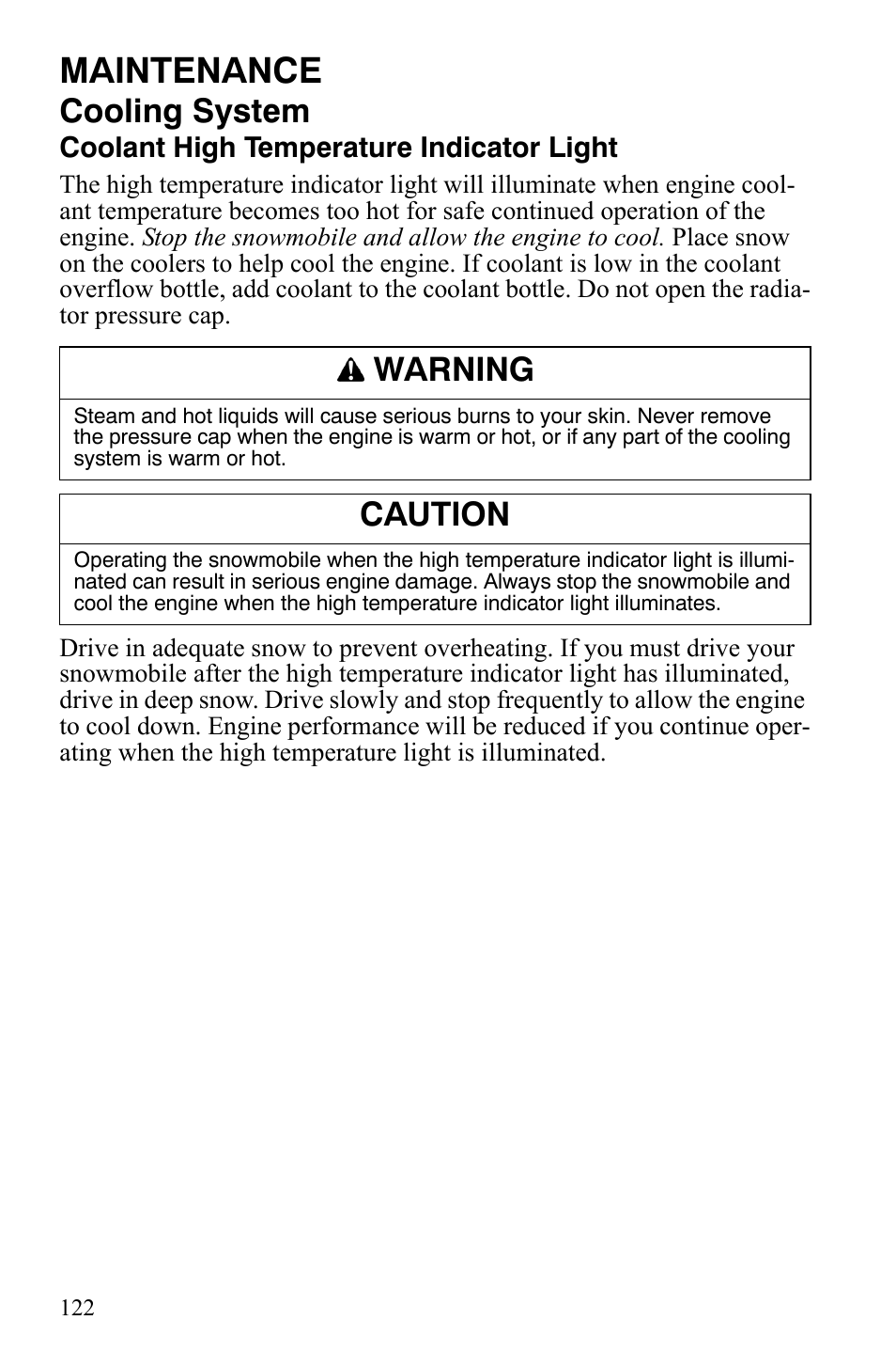 Maintenance, Cooling system, Warning | Caution | Polaris IQ Turbo LX User Manual | Page 125 / 174