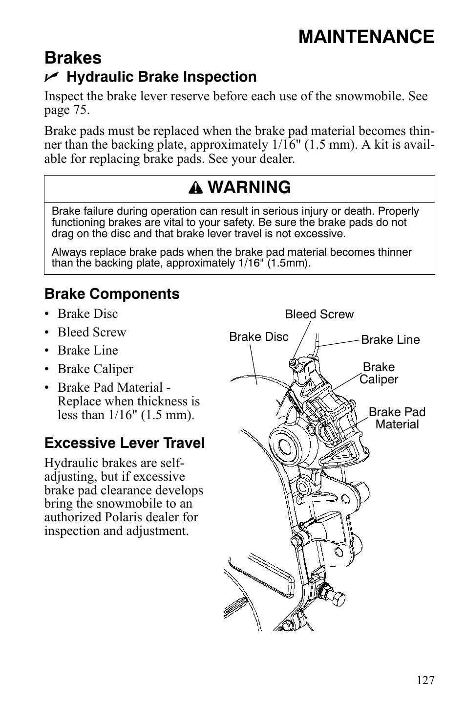 Maintenance, Brakes, Warning | Polaris IQ Turbo LX User Manual | Page 130 / 174