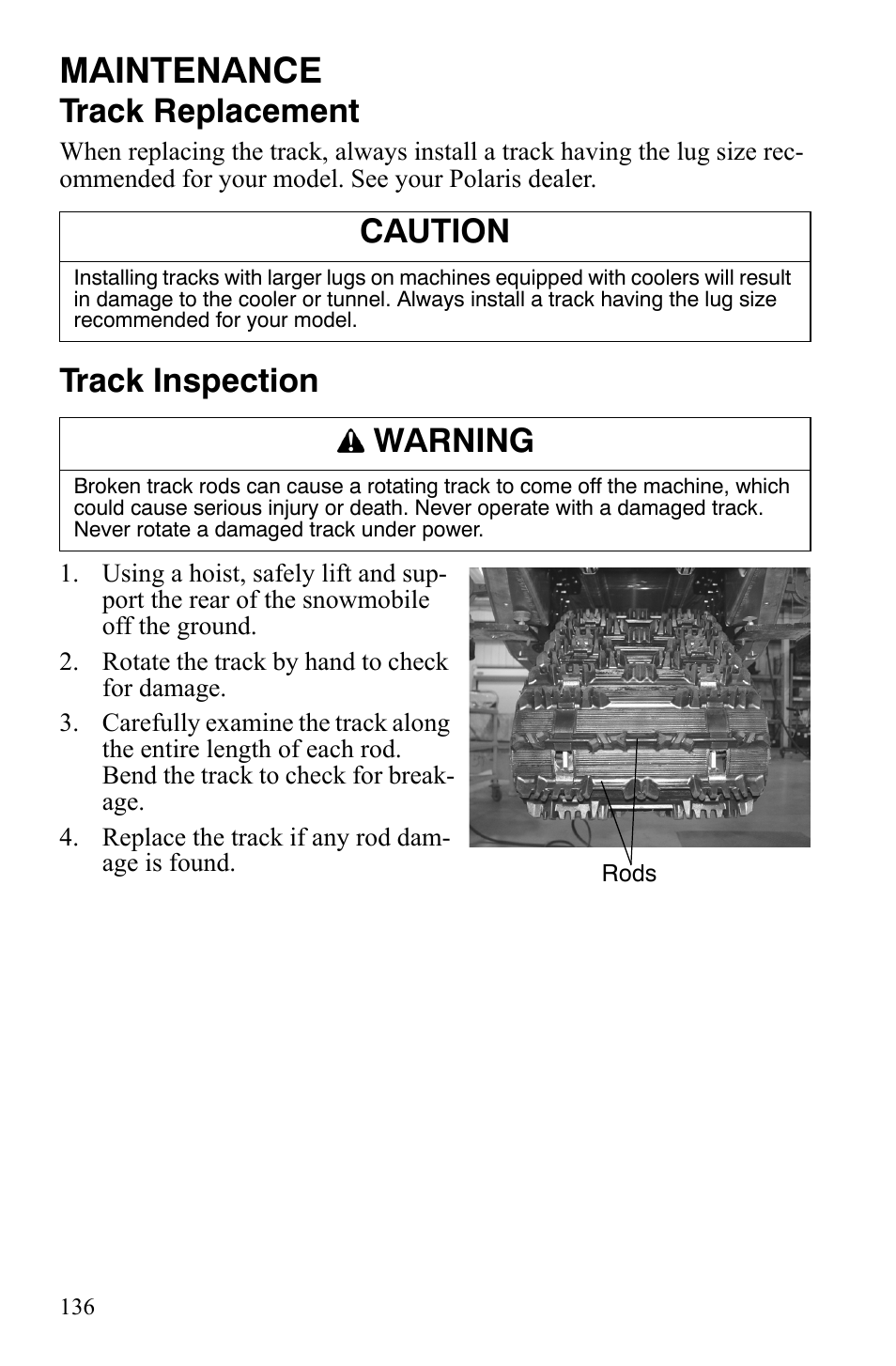 Maintenance, Track replacement, Track inspection | Caution, Warning | Polaris IQ Turbo LX User Manual | Page 139 / 174