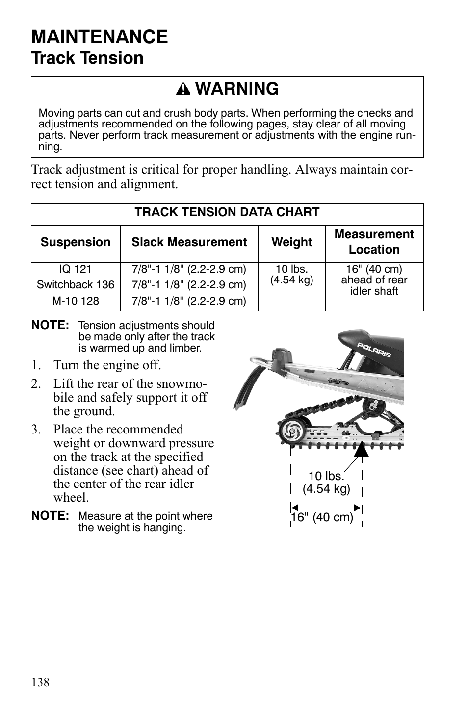 Maintenance, Track tension, Warning | Polaris IQ Turbo LX User Manual | Page 141 / 174