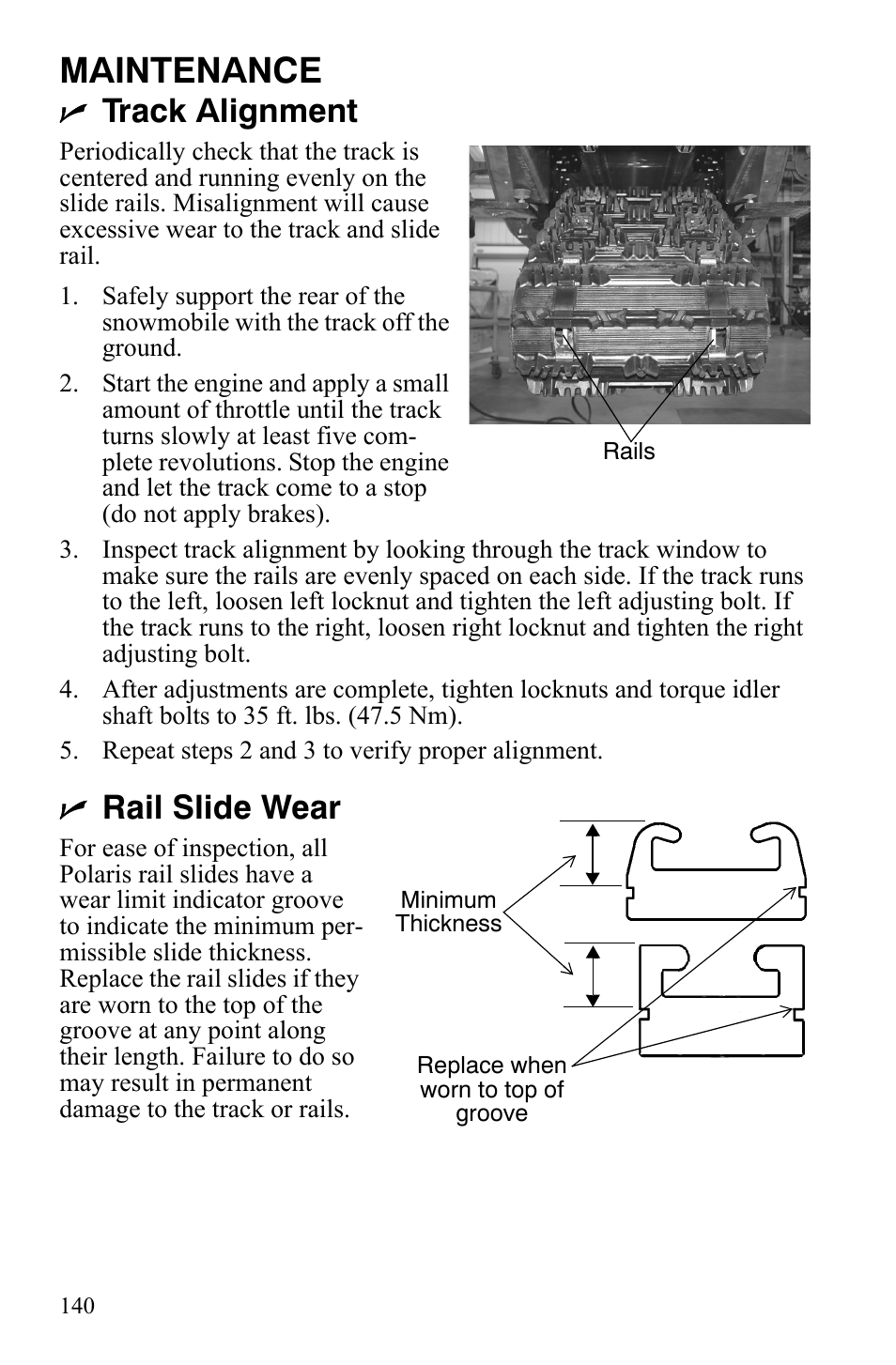 Maintenance, Track alignment, Rail slide wear | Polaris IQ Turbo LX User Manual | Page 143 / 174