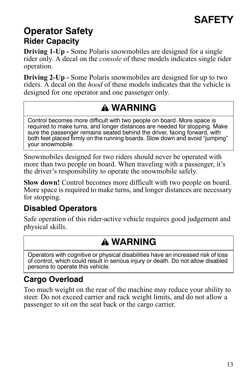 Safety, Operator safety, Warning | Polaris IQ Turbo LX User Manual | Page 16 / 174