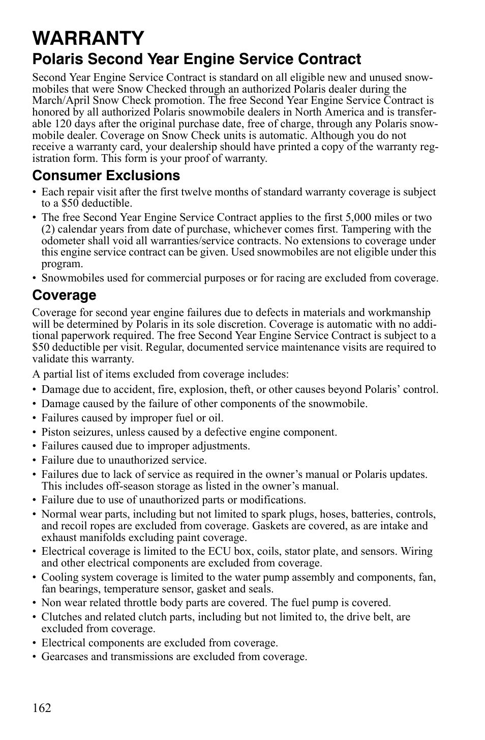 Warranty, Polaris second year engine service contract, Consumer exclusions | Coverage | Polaris IQ Turbo LX User Manual | Page 165 / 174