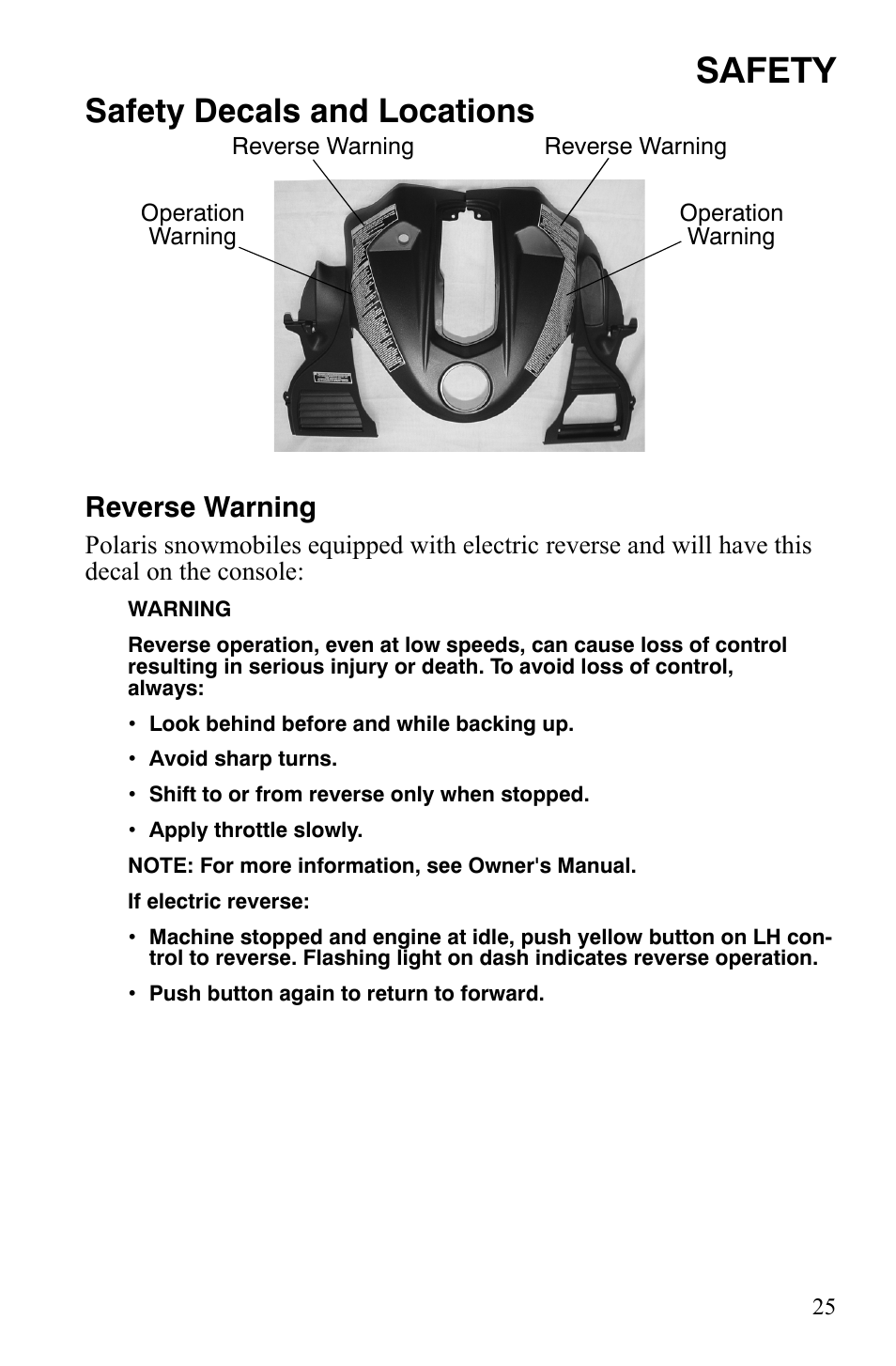 Safety, Safety decals and locations, Reverse warning | Polaris IQ Turbo LX User Manual | Page 28 / 174