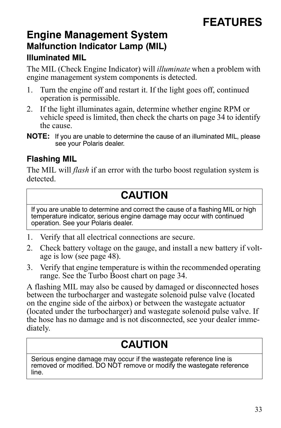 Features, Engine management system, Caution | Polaris IQ Turbo LX User Manual | Page 36 / 174