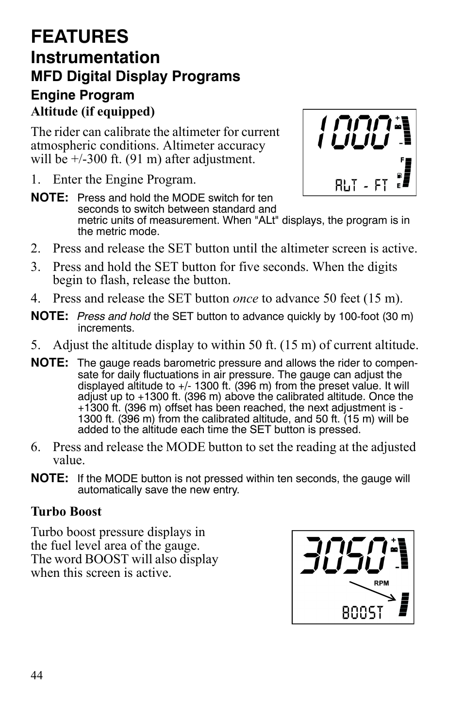 Features, Instrumentation, Mfd digital display programs | Polaris IQ Turbo LX User Manual | Page 47 / 174