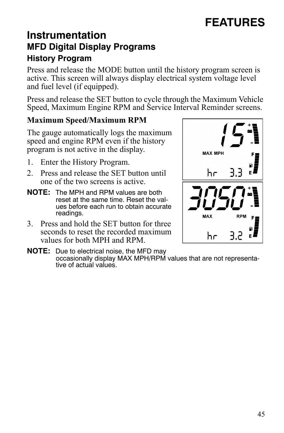 Features, Instrumentation, Mfd digital display programs | Polaris IQ Turbo LX User Manual | Page 48 / 174