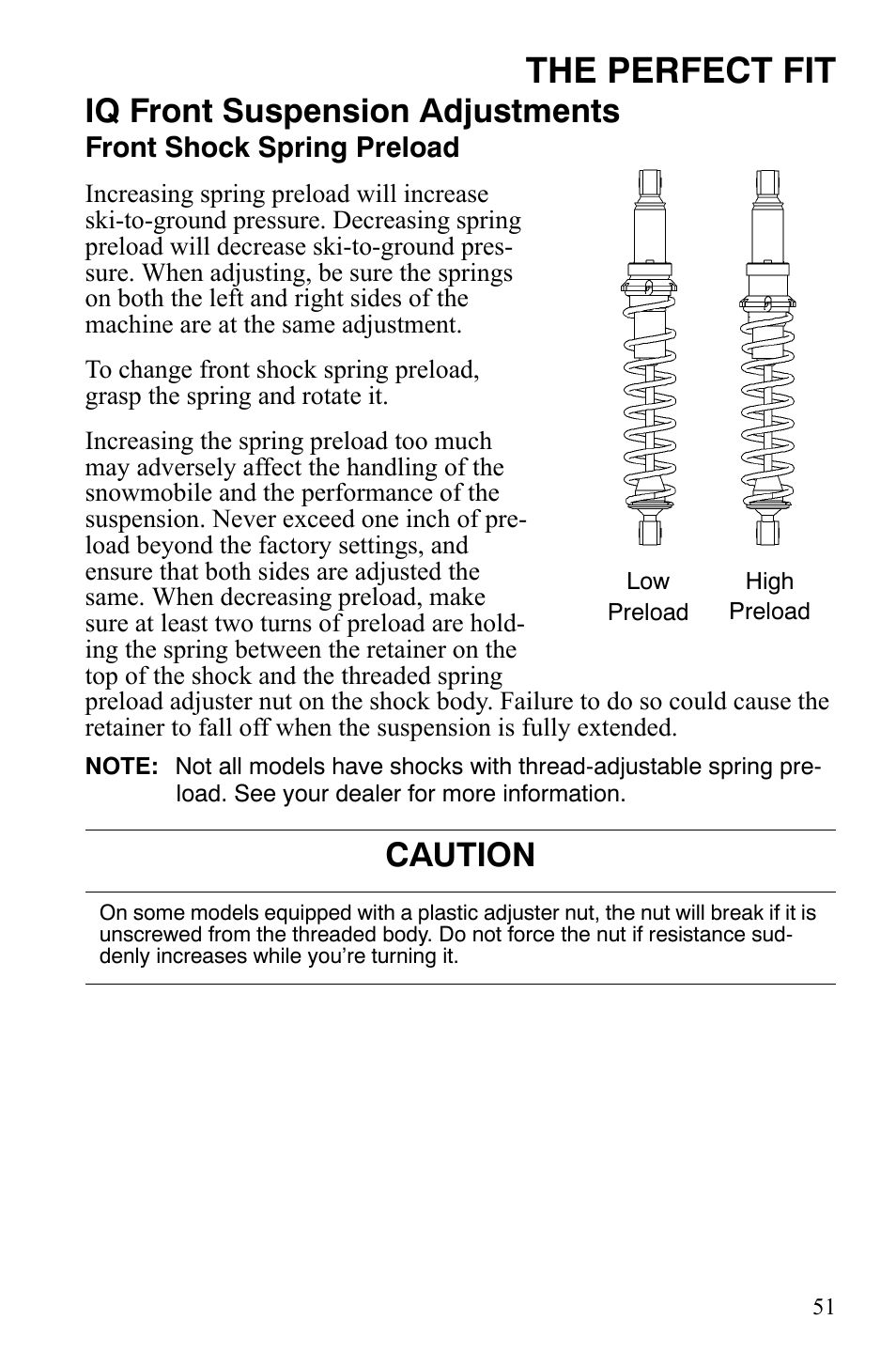 The perfect fit, Iq front suspension adjustments, Caution | Polaris IQ Turbo LX User Manual | Page 54 / 174