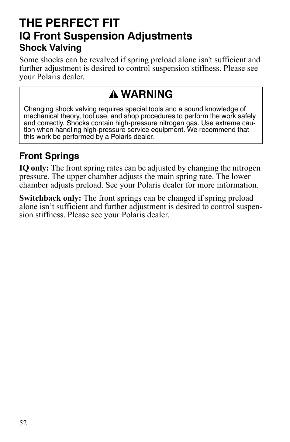 The perfect fit, Iq front suspension adjustments, Warning | Polaris IQ Turbo LX User Manual | Page 55 / 174