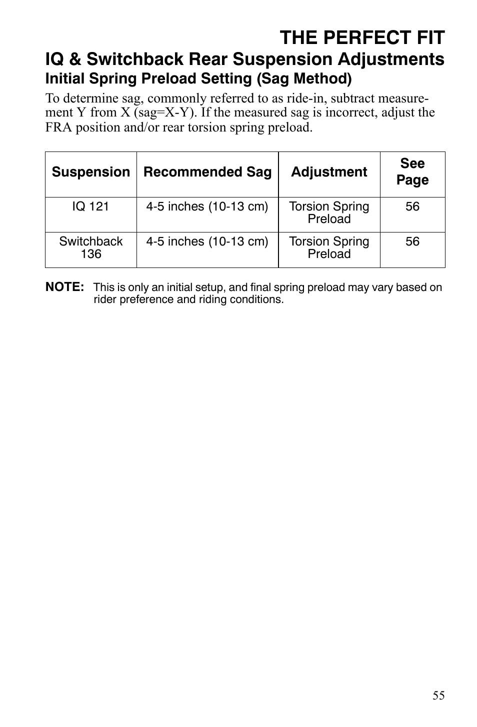 The perfect fit, Iq & switchback rear suspension adjustments, Initial spring preload setting (sag method) | Polaris IQ Turbo LX User Manual | Page 58 / 174