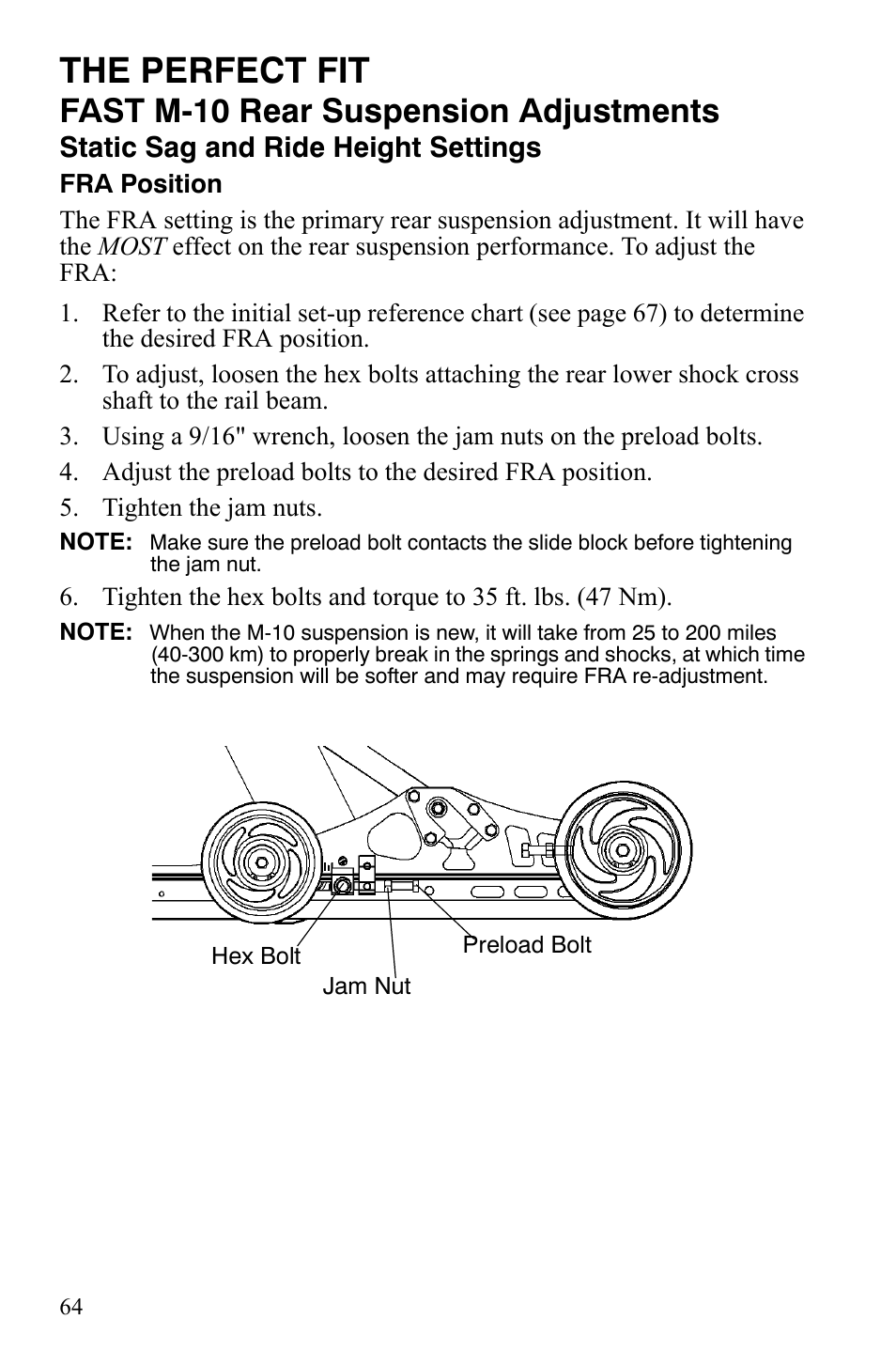 The perfect fit, Fast m-10 rear suspension adjustments, Static sag and ride height settings | Polaris IQ Turbo LX User Manual | Page 67 / 174