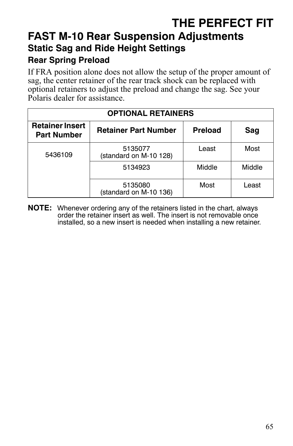 The perfect fit, Fast m-10 rear suspension adjustments, Static sag and ride height settings | Polaris IQ Turbo LX User Manual | Page 68 / 174