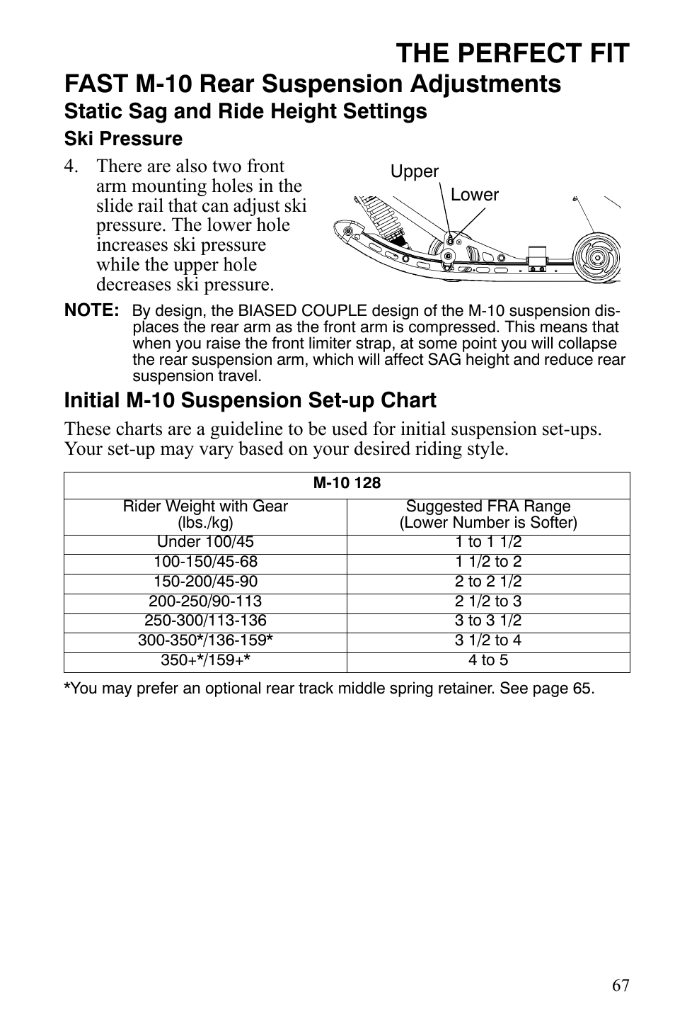 The perfect fit, Fast m-10 rear suspension adjustments, Static sag and ride height settings | Initial m-10 suspension set-up chart | Polaris IQ Turbo LX User Manual | Page 70 / 174