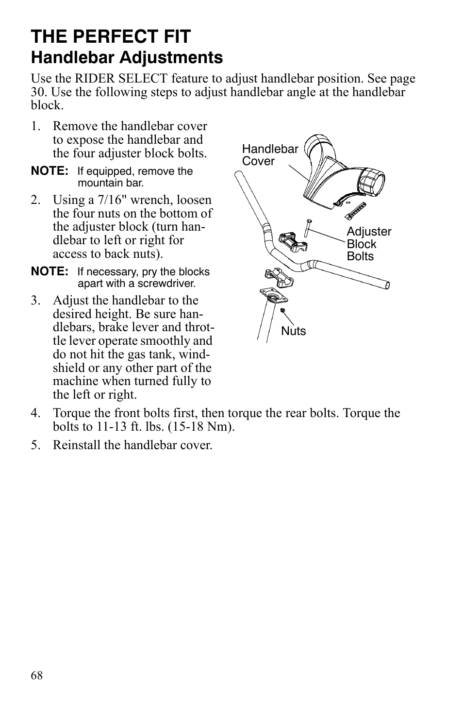 The perfect fit, Handlebar adjustments | Polaris IQ Turbo LX User Manual | Page 71 / 174