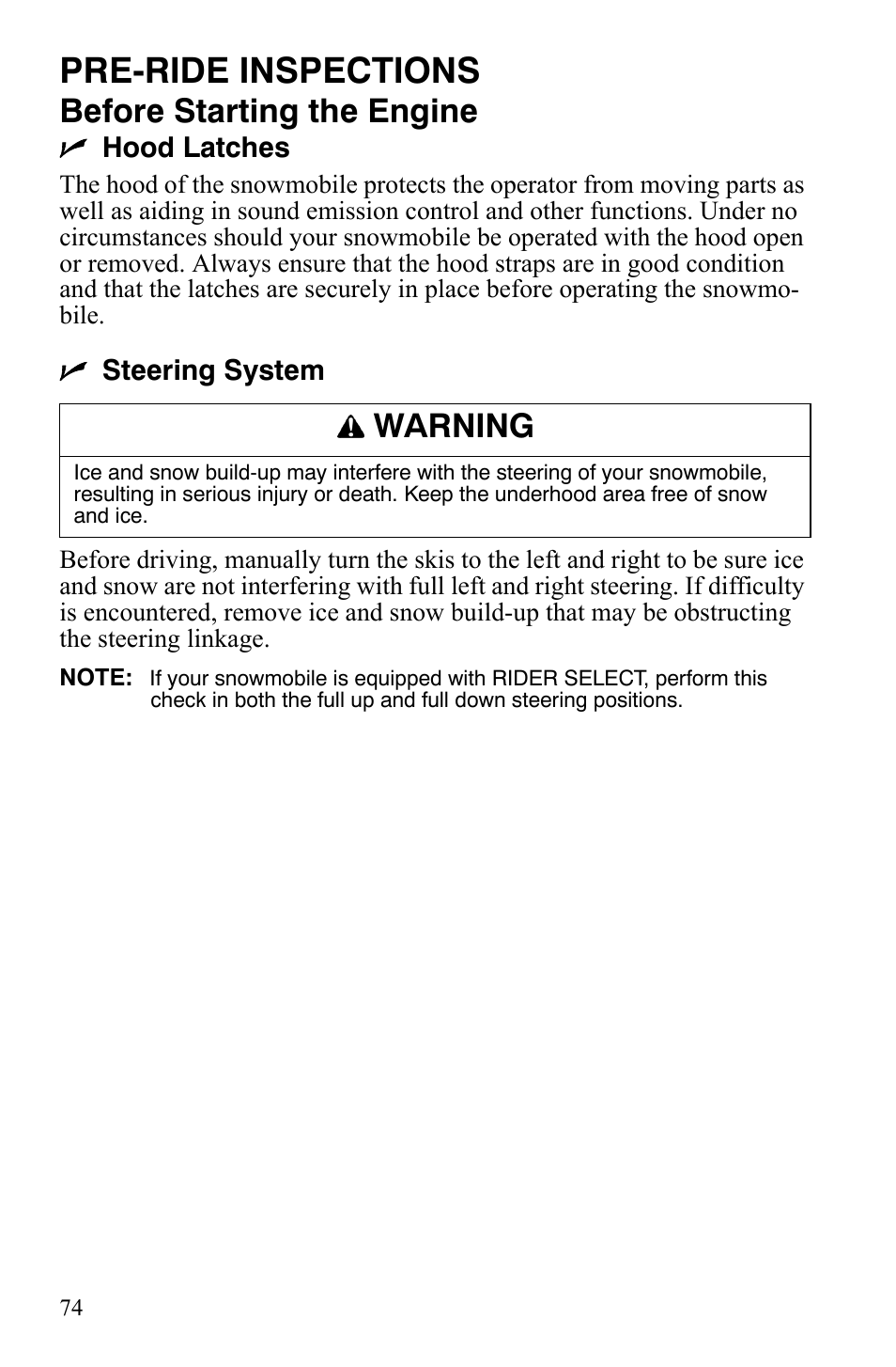 Pre-ride inspections, Before starting the engine, Warning | Polaris IQ Turbo LX User Manual | Page 77 / 174