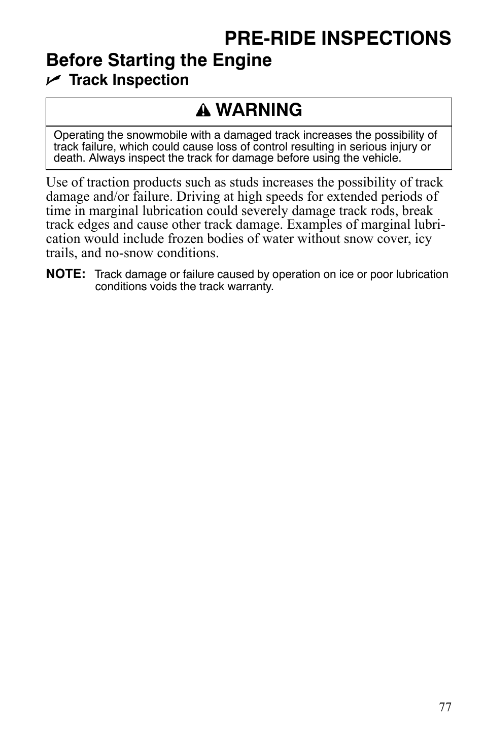 Pre-ride inspections, Before starting the engine, Warning | Polaris IQ Turbo LX User Manual | Page 80 / 174