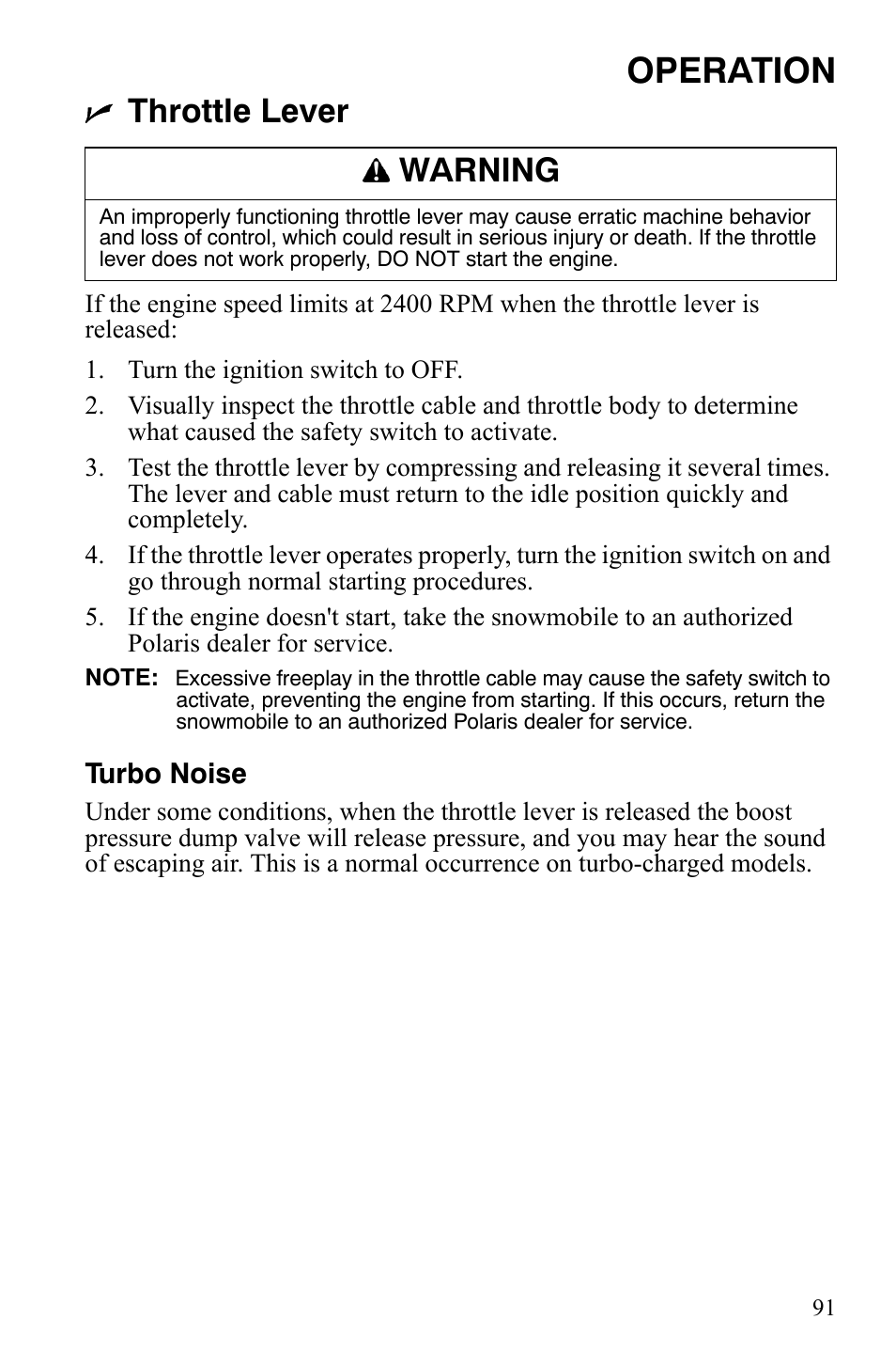 Operation, Throttle lever, Warning | Polaris IQ Turbo LX User Manual | Page 94 / 174