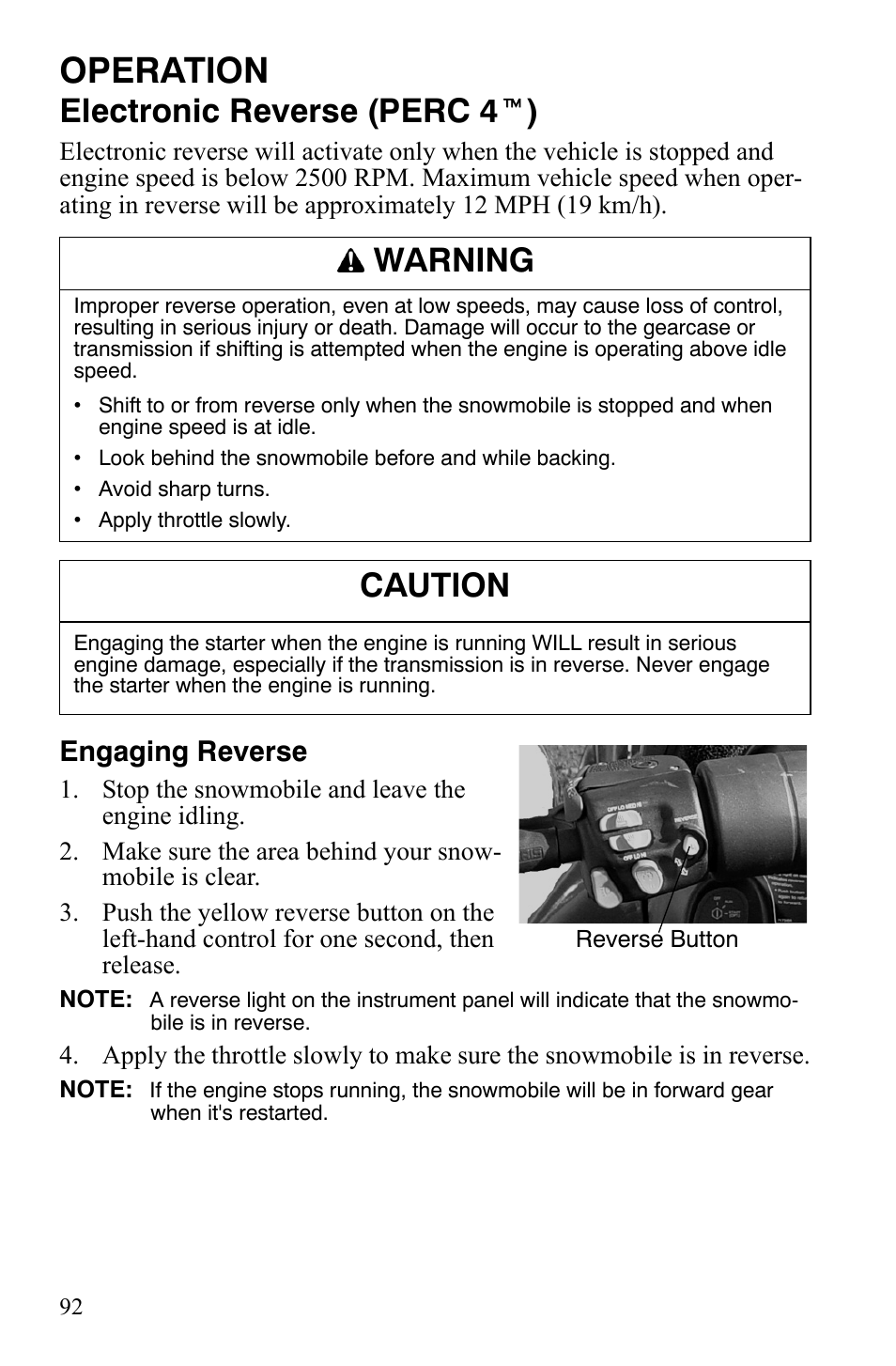 Operation, Electronic reverse (perc 4 t ), Warning | Caution, Engaging reverse | Polaris IQ Turbo LX User Manual | Page 95 / 174