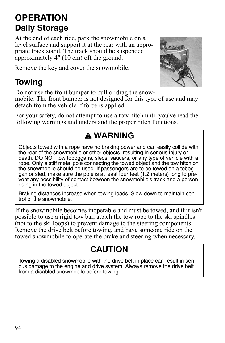 Operation, Daily storage, Towing | Warning, Caution | Polaris IQ Turbo LX User Manual | Page 97 / 174