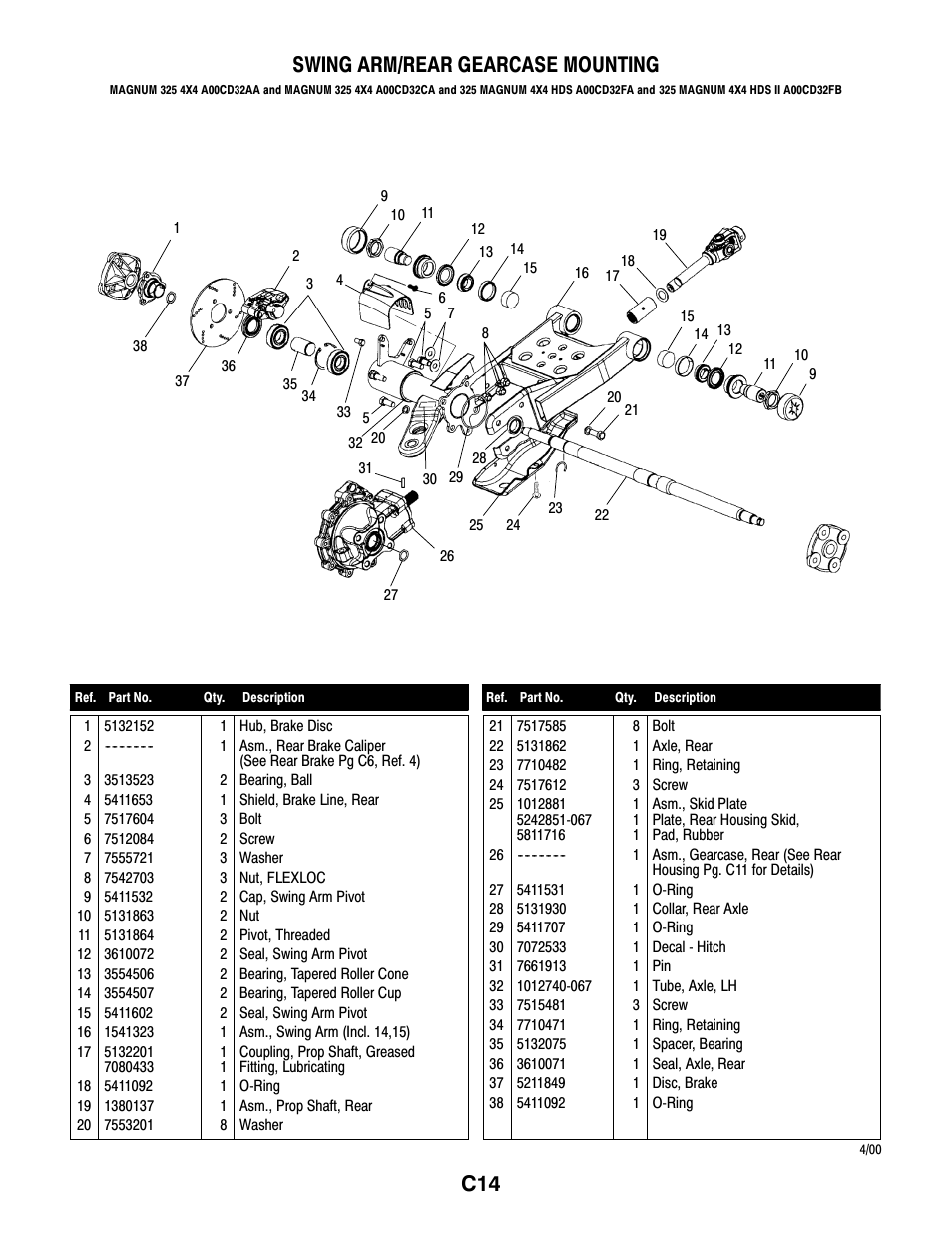 C14 swing arm/rear gearcase mounting | Polaris MAGNUM 325 4X4 A00CD32AA User Manual | Page 42 / 59