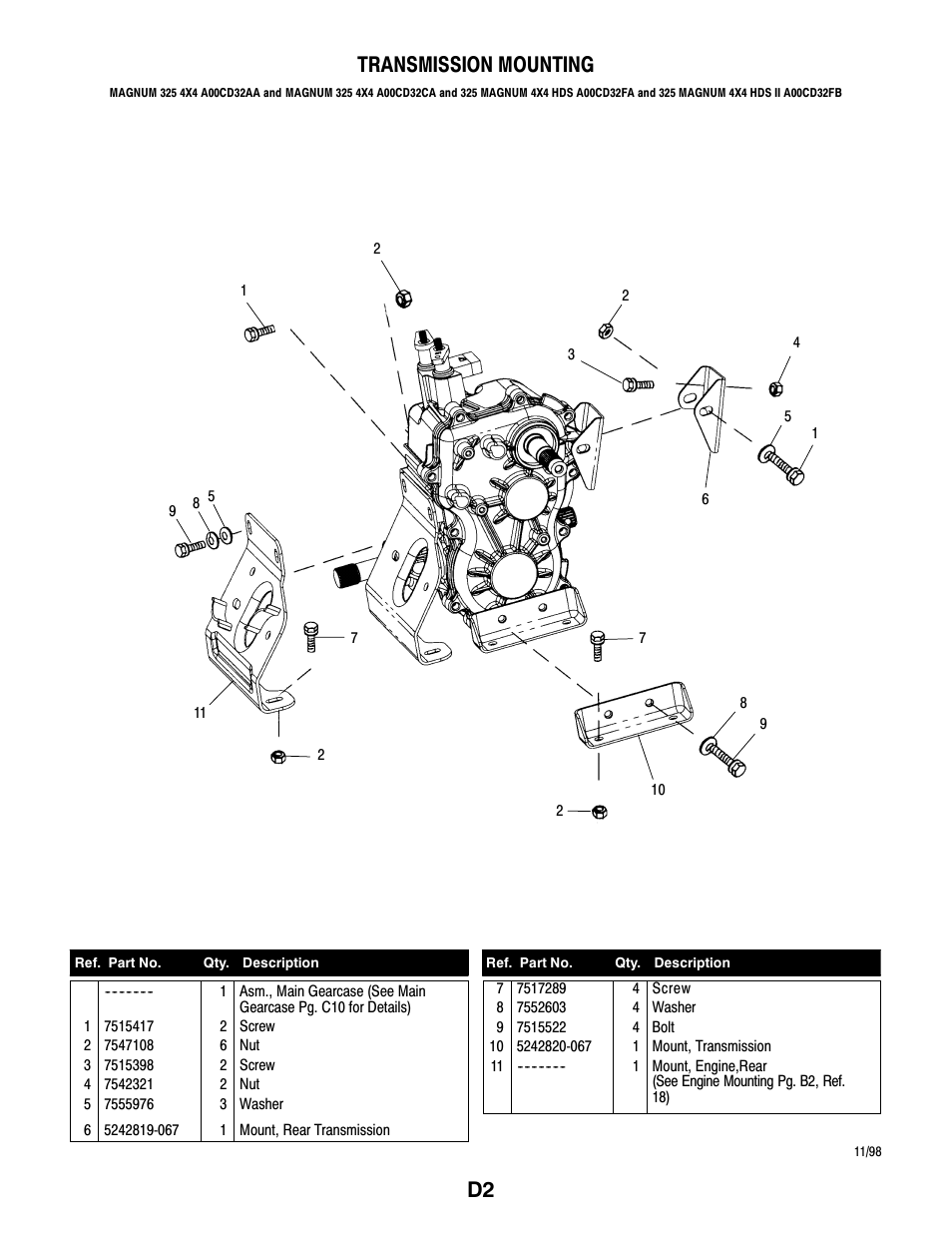 D2 transmission mounting | Polaris MAGNUM 325 4X4 A00CD32AA User Manual | Page 44 / 59
